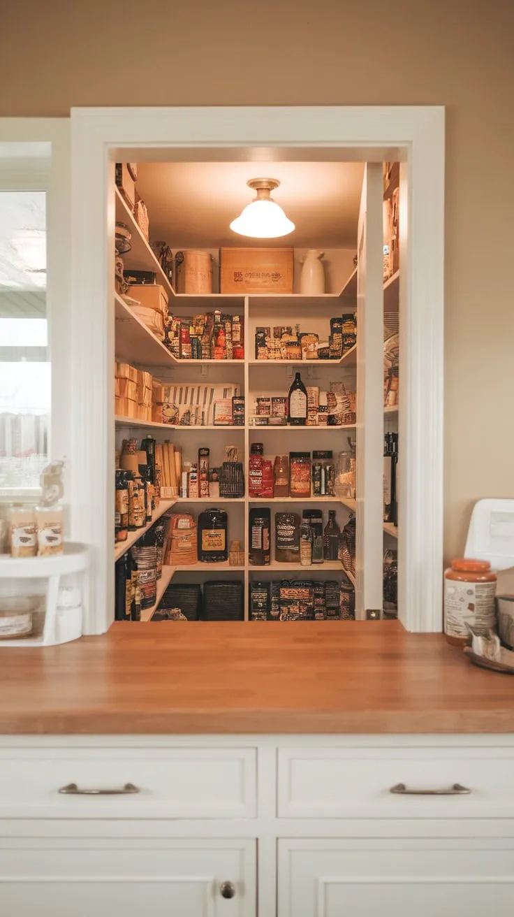 Sunlight streams into a charming walk-in pantry featuring a convenient countertop and neatly organized shelves.