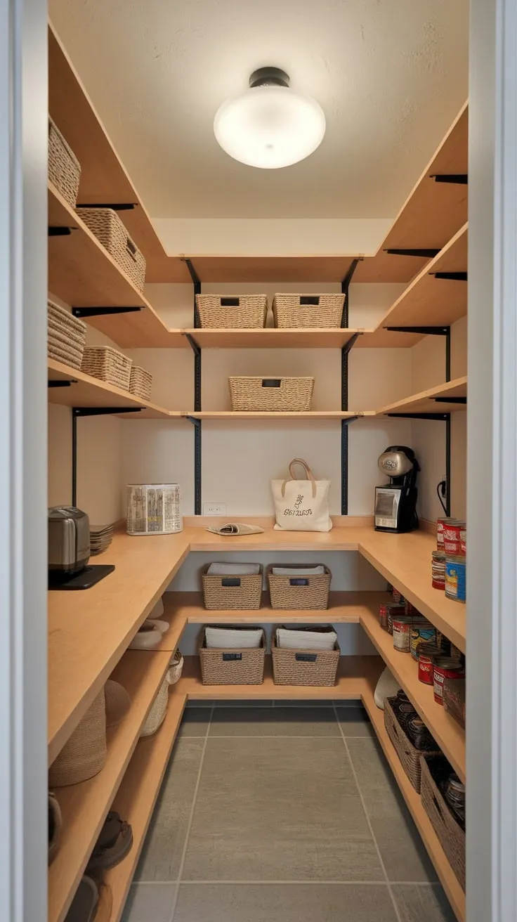 A well-lit walk-in pantry boasts a countertop perfect for prepping, showcasing wooden shelves, and tiled flooring.