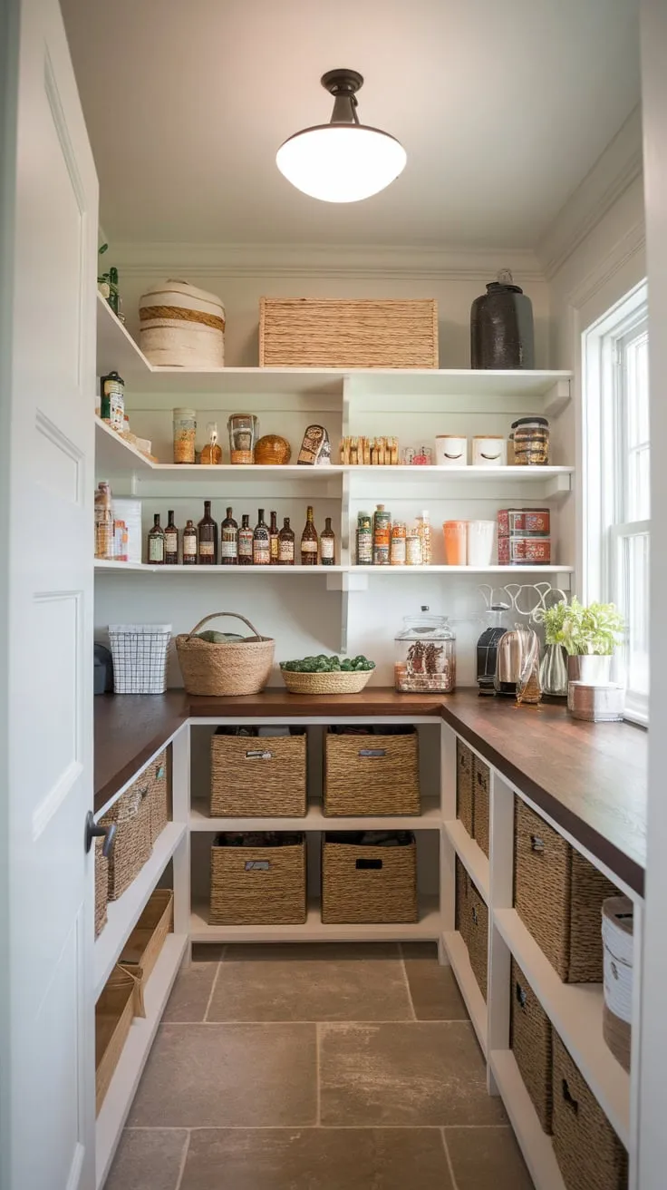 A well-lit walk-in pantry boasts a wooden countertop, ample shelving, and stylish storage, creating an organized and efficient food storage solution.