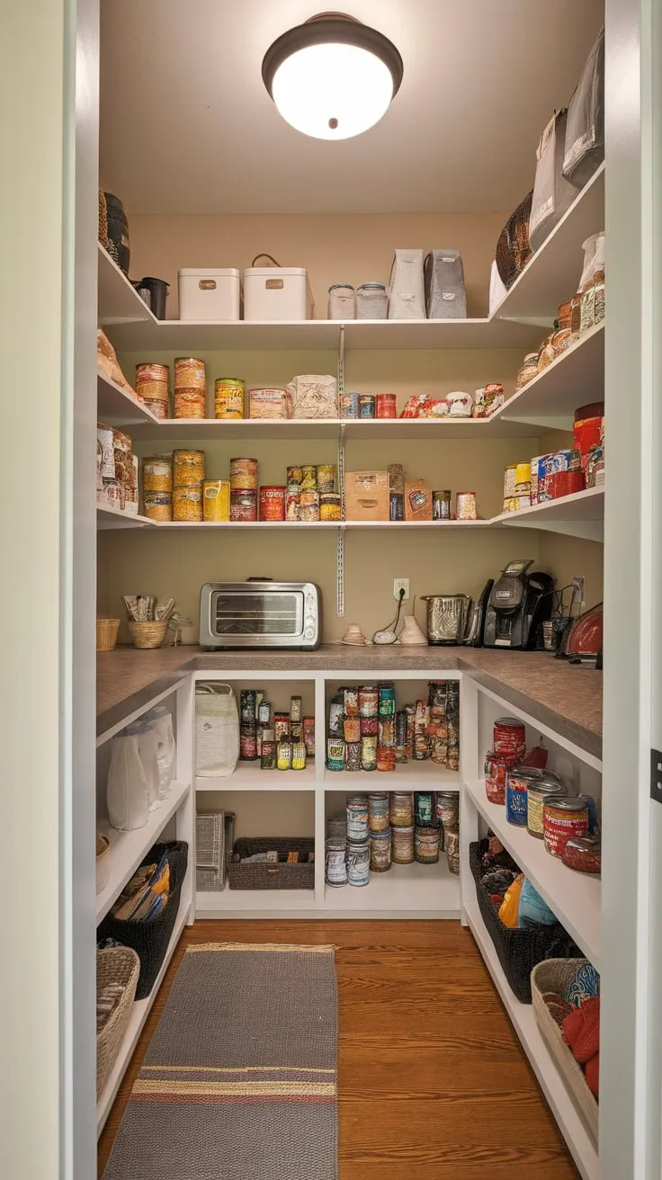 A functional and stylish walk-in pantry features a countertop workspace, abundant storage, and warm wood flooring.