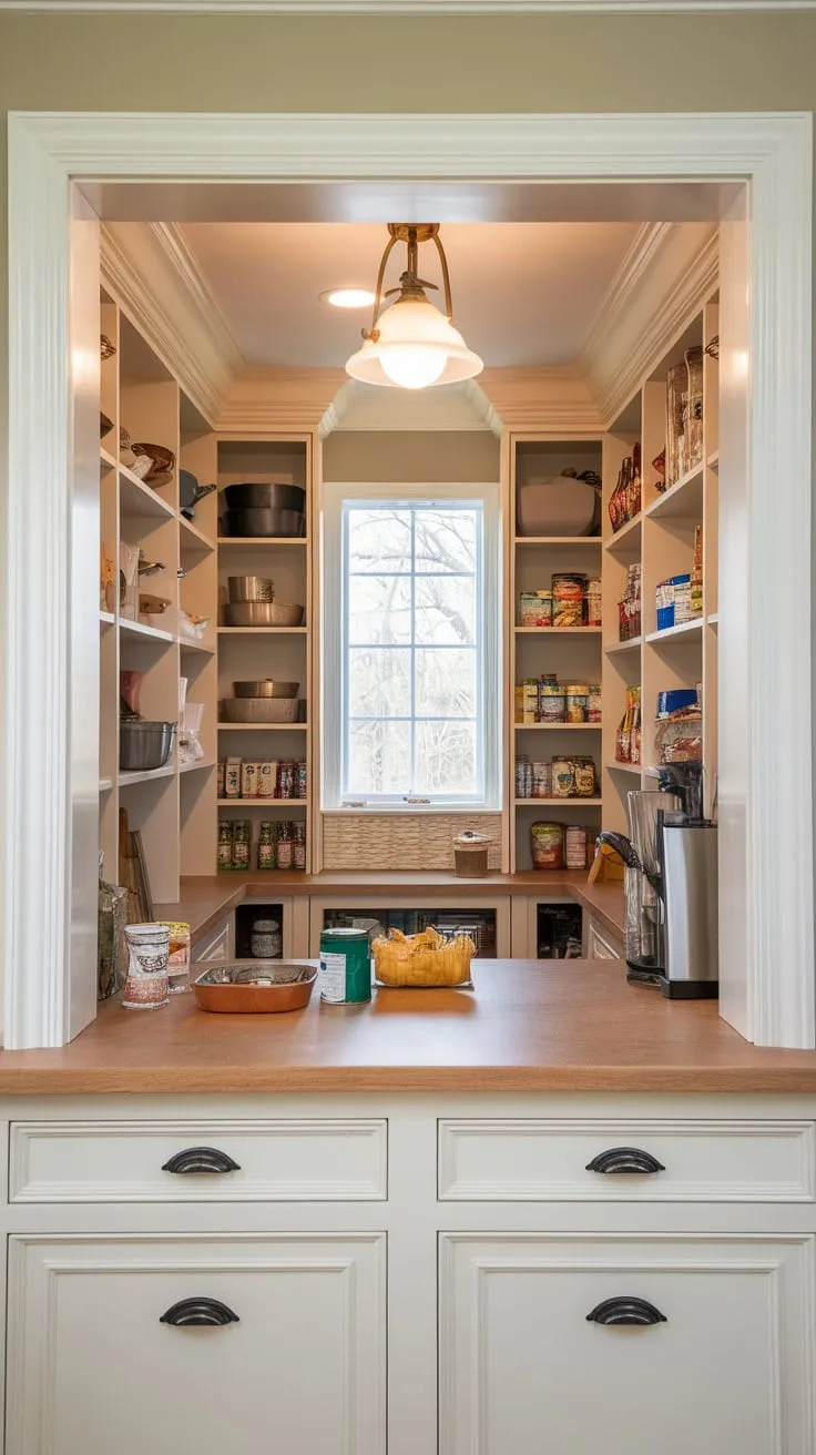 A well-lit walk-in pantry boasts a countertop, butler's pantry, and ample storage for all your kitchen essentials
