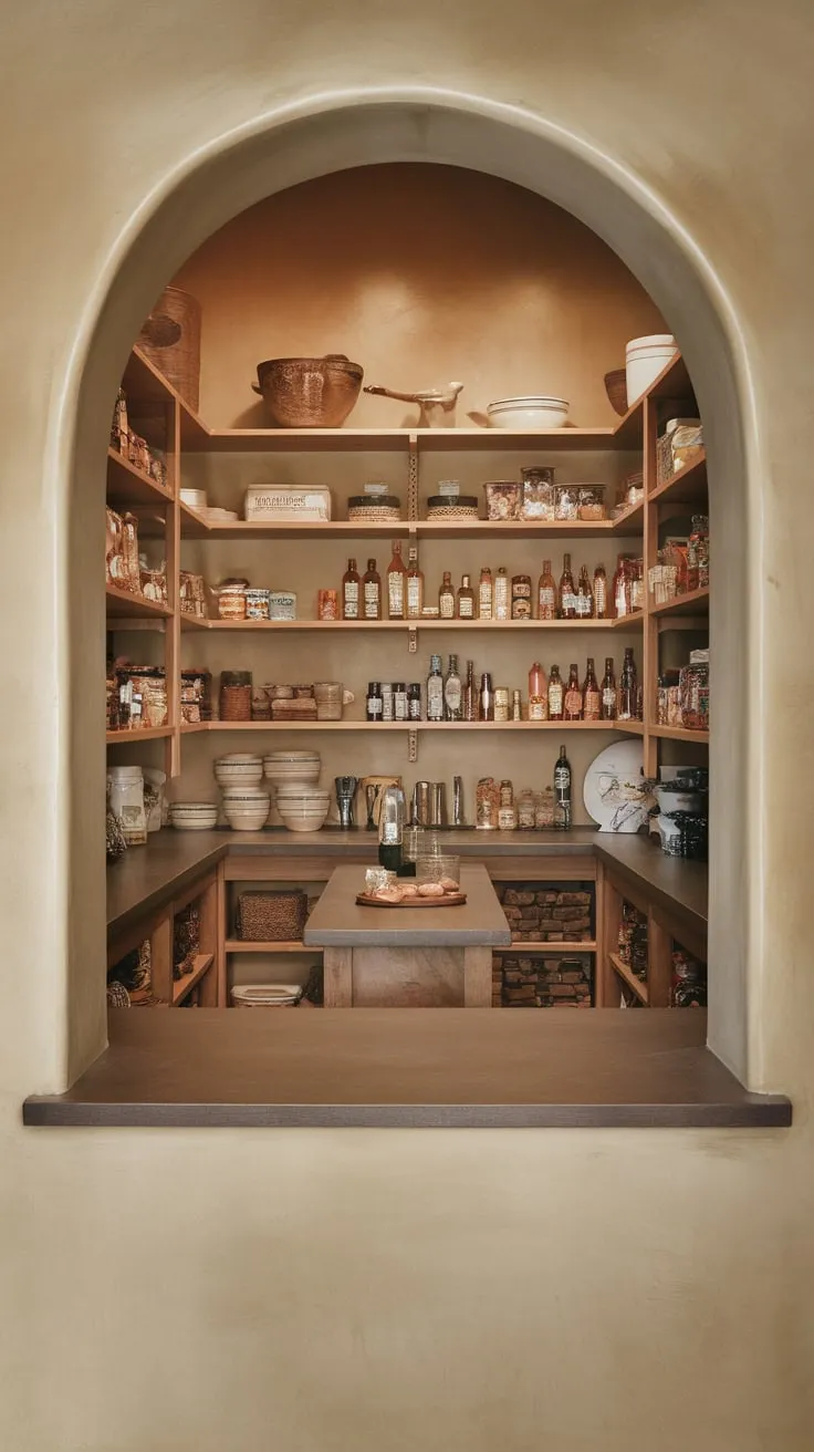 Soft lighting illuminates a spacious walk-in pantry featuring a countertop island and earthy tones, creating a welcoming space for efficient food storage and meal prep.
