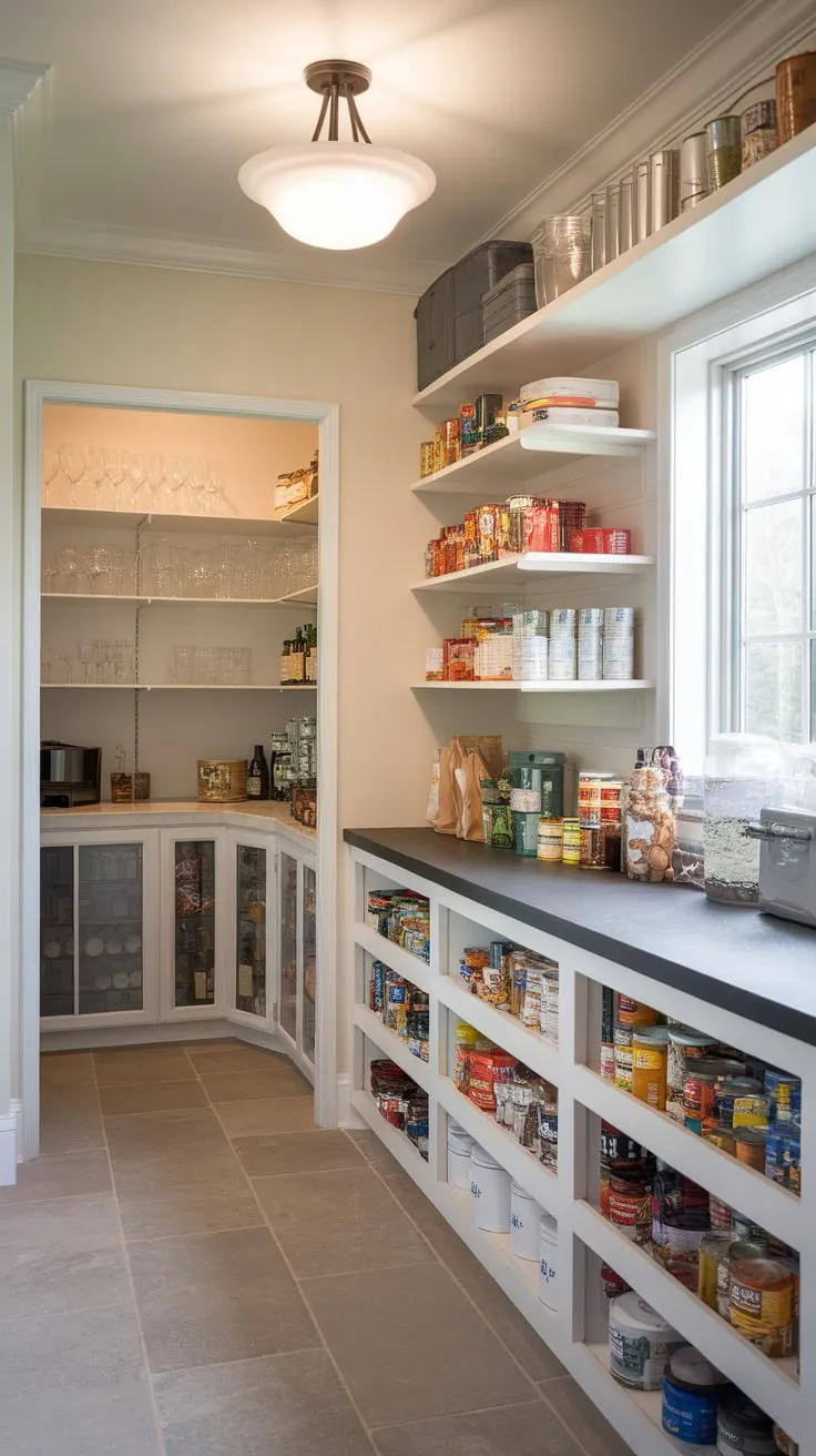 Well-lit tiled pantry boasts a countertop, extensive shelving for canned goods and glassware, and a convenient butler's pantry.