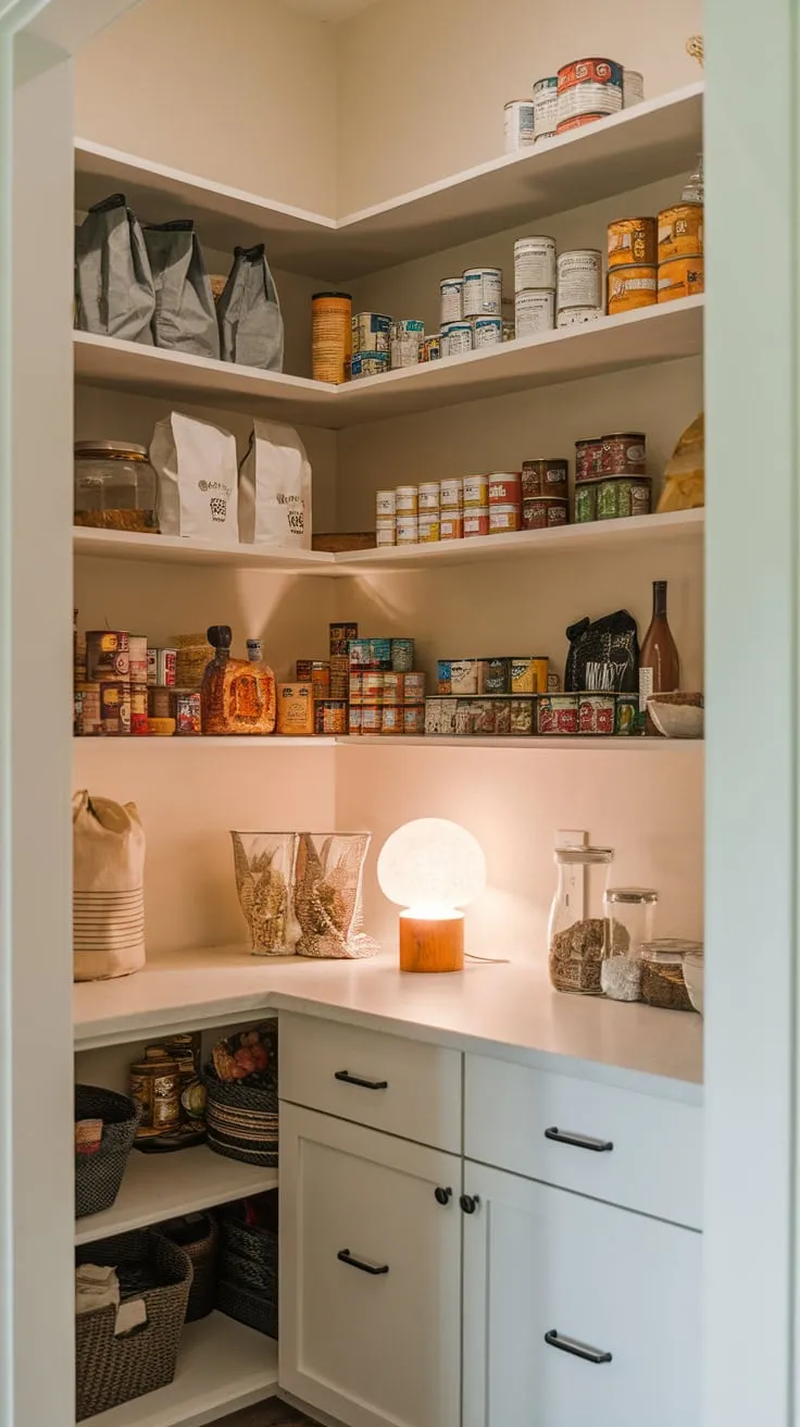 A well-lit pantry features a convenient countertop, neatly stocked shelves, and a welcoming atmosphere perfect for culinary organization.
