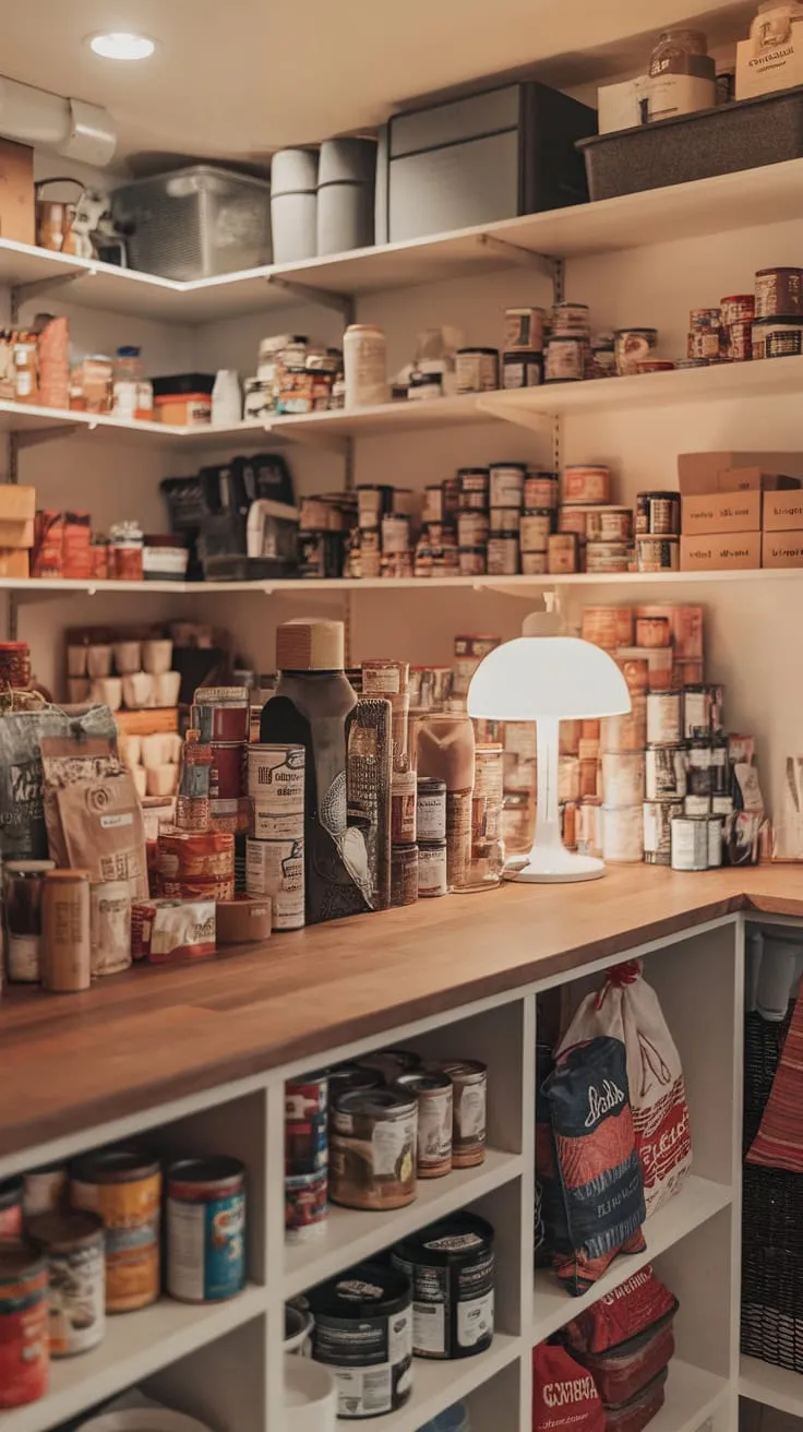 A cozy pantry boasts a countertop workspace bathed in warm light, surrounded by shelves overflowing with culinary treasures.