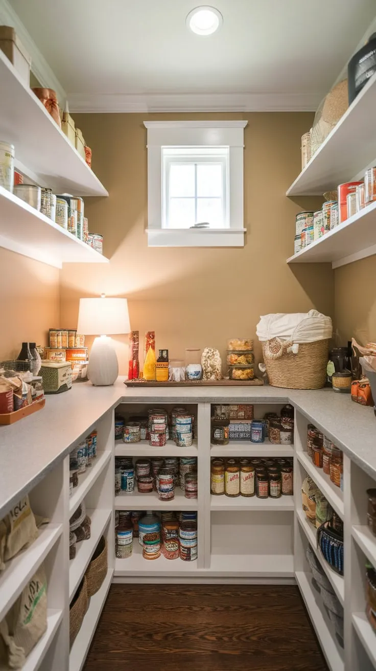 Organized canned goods, jars, and bags fill a charming pantry featuring a countertop, soft lighting, and dark wood floors.