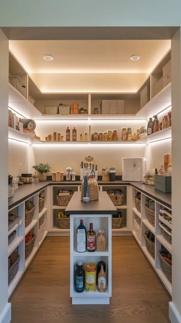 A functional walk-in pantry features a countertop, wood floors, and an island, creating an inviting and organized space for food storage.