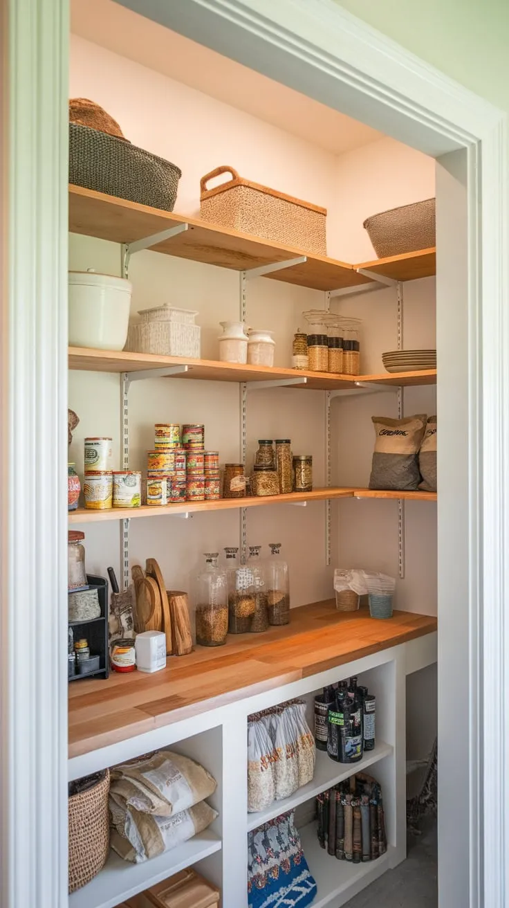 A well-lit walk-in pantry boasts a wooden countertop, metal shelving, and ample storage for canned goods and dry staples.