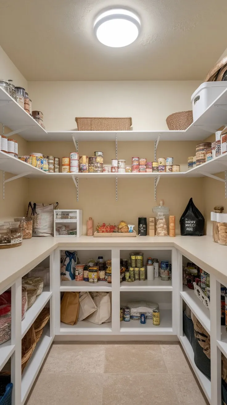 Beige tiled floors and walls complement the organized pantry with countertop and abundant storage.