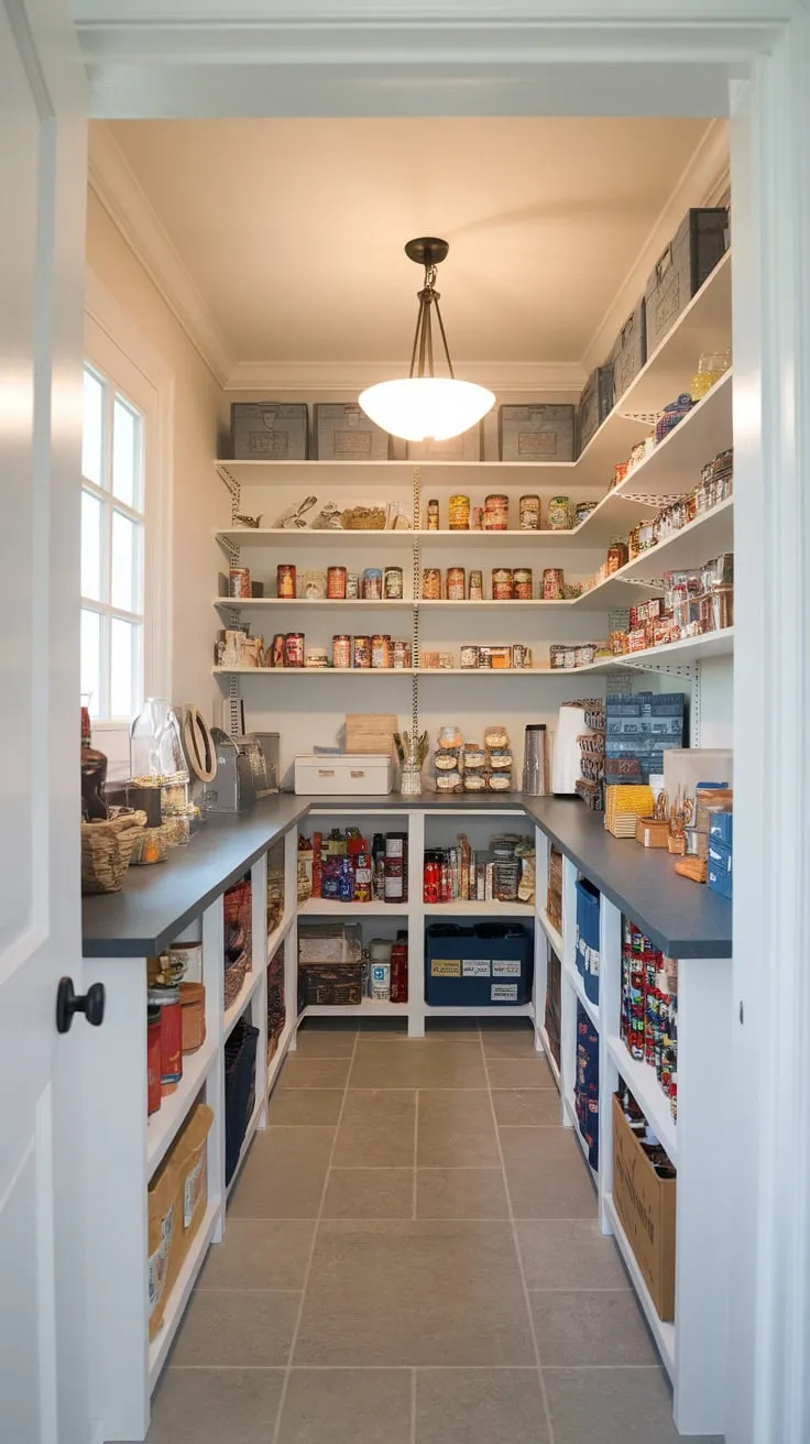 Organized and well-lit, a walk-in pantry with a countertop offers convenient access to a variety of stored goods.