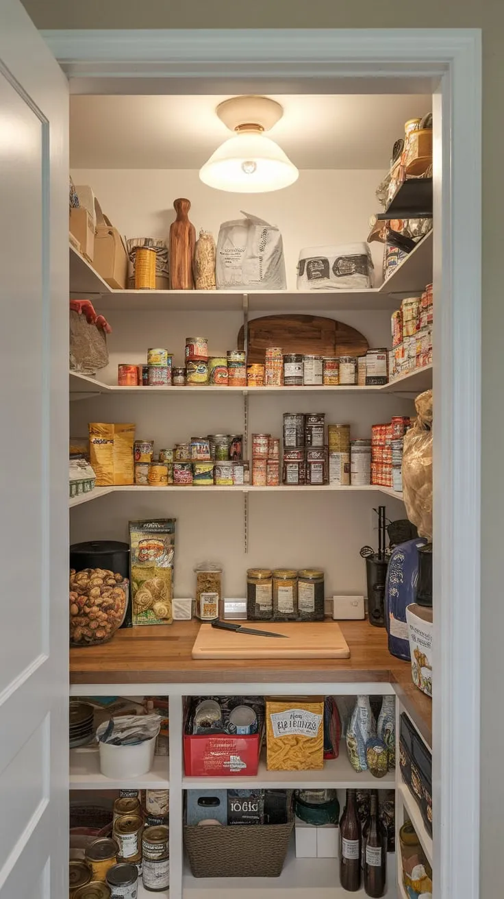 A well-lit pantry boasts ample shelving, a convenient countertop prepping area, and a variety of stored food items