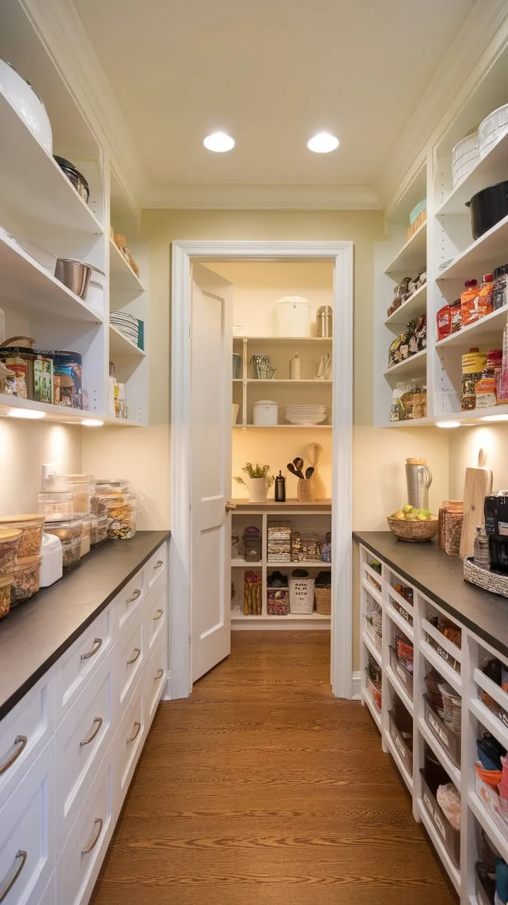 This well-lit, organized walk-in pantry features a countertop, butler's pantry design, and hardwood floors, creating a clean and efficient storage solution.