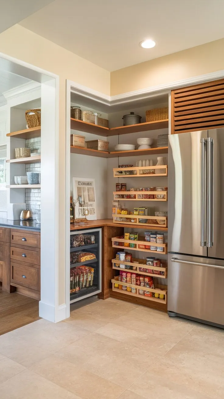 A spacious, well-lit pantry featuring a fridge and stylish cabinetry enhances a modern farmhouse kitchen's organization.