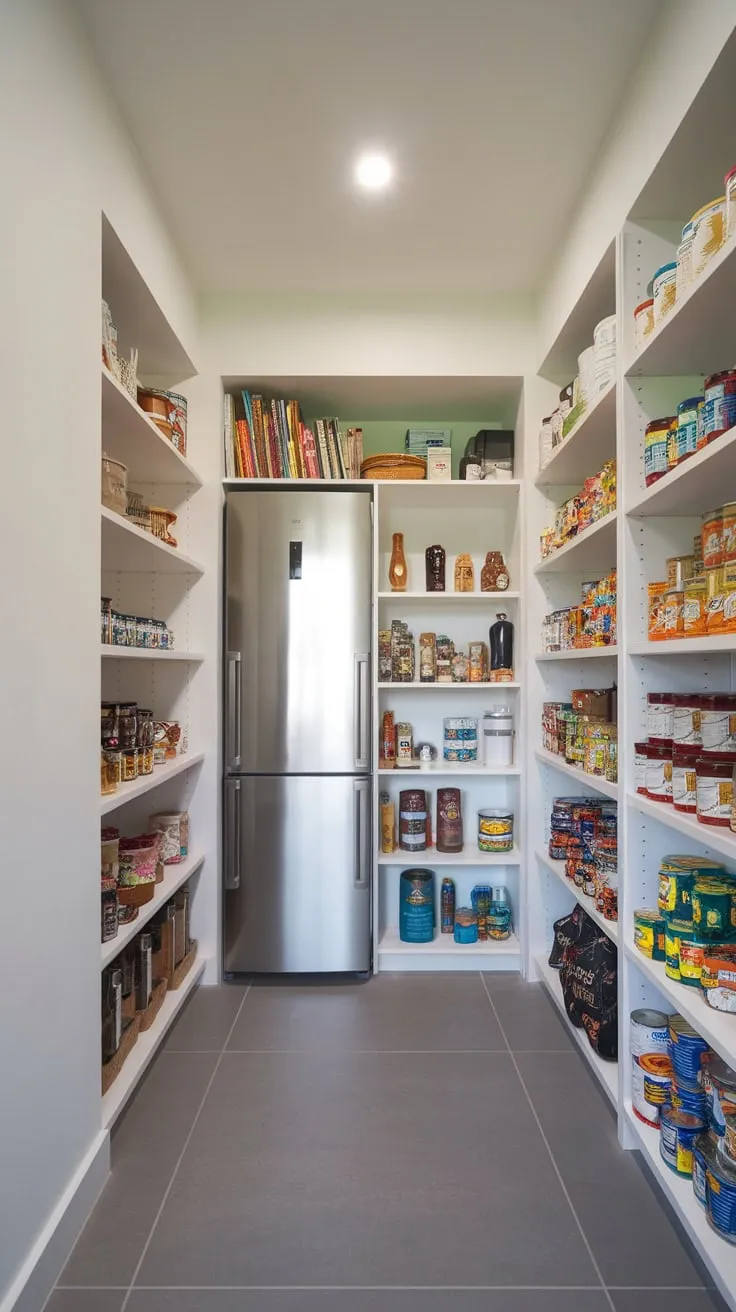 A bright white pantry with grey tile floors boasts ample storage, a built-in fridge, and shelves overflowing with neatly organized food