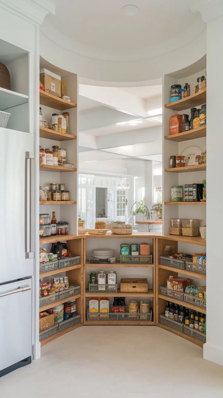 A modern, well-lit pantry features a white fridge and cleverly arranged food storage creating a charming farmhouse feel within a larger kitchen.