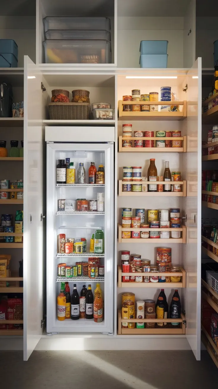 A well-lit, spacious pantry boasts a built-in refrigerator and abundant storage for a variety of food items in a charming farmhouse setting.