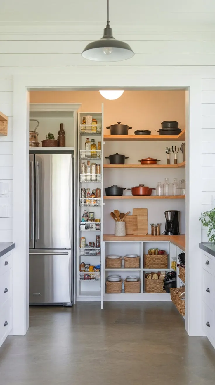 Modern farmhouse style meets efficient organization in a spacious pantry featuring a built-in fridge and ample shelving.