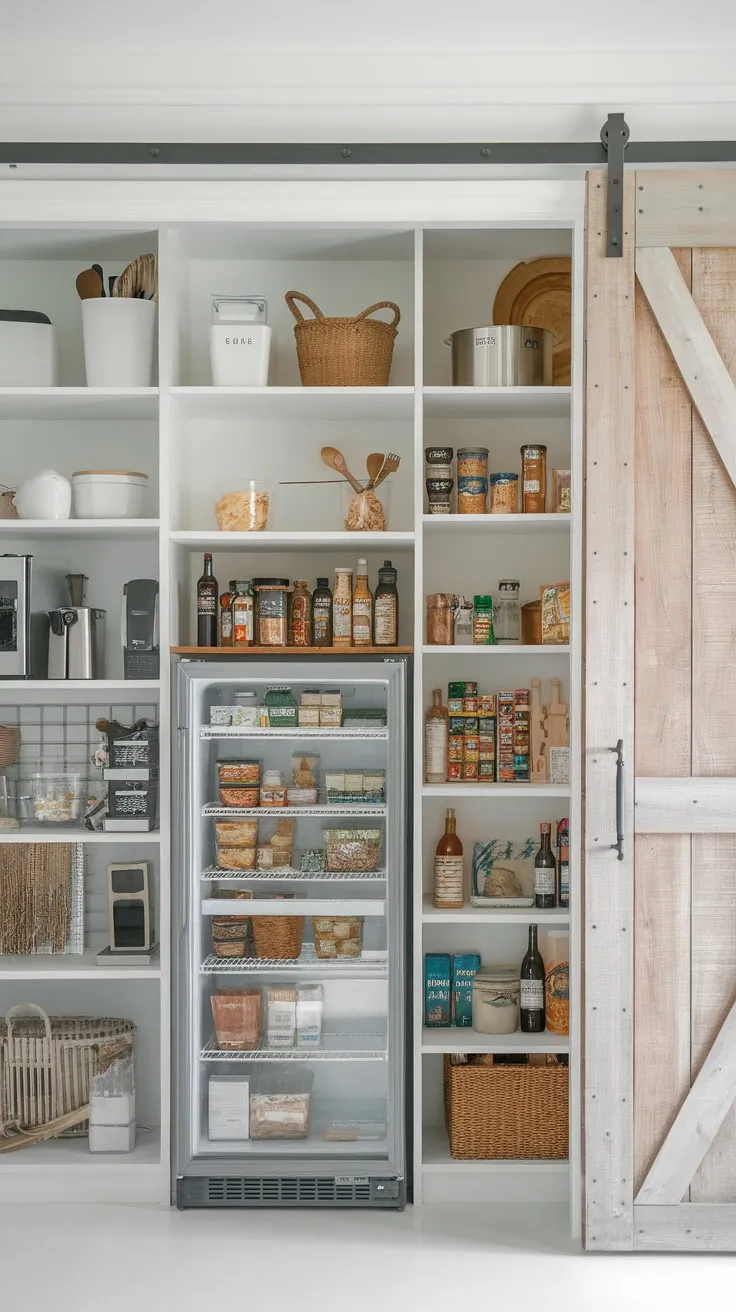 A well-organized, spacious pantry boasts a built-in fridge, modern design, and rustic farmhouse accents creating a bright and airy kitchen storage solution.