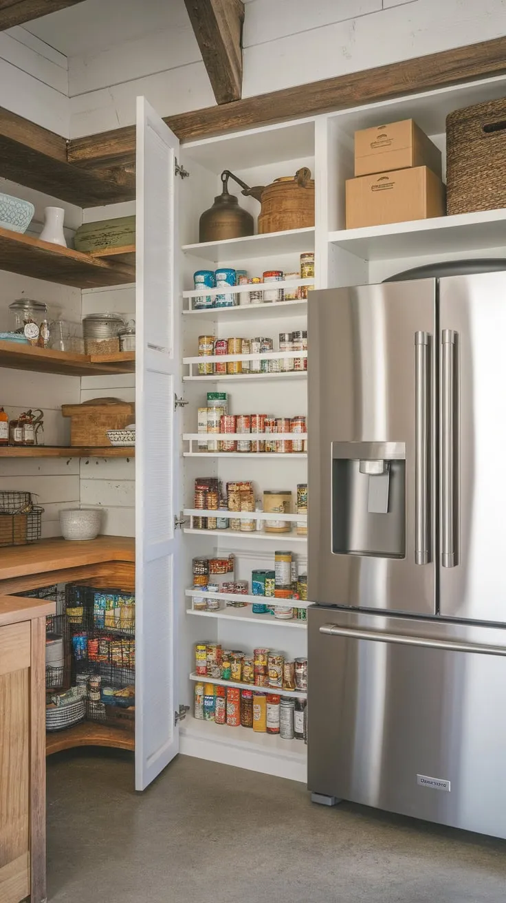A spacious farmhouse pantry boasts a built-in fridge, organized shelving, and rustic charm for efficient food storage and kitchen organization