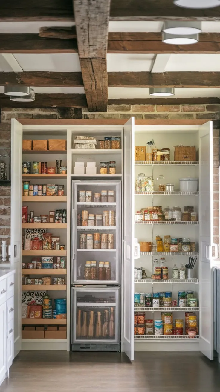 Rustic charm meets modern convenience in a large pantry featuring a fridge and abundant storage within a farmhouse-style kitchen.