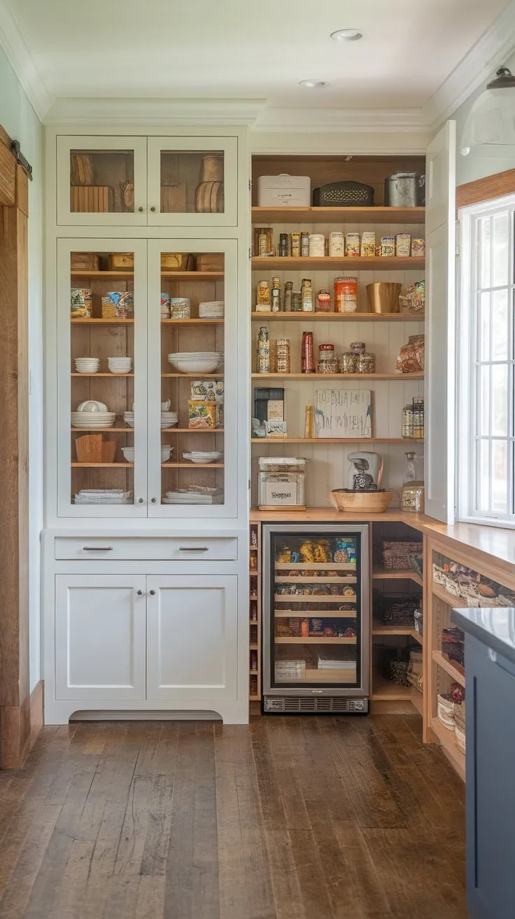 A farmhouse kitchen's spacious pantry boasts organized shelves, a built-in fridge, and glass-front cabinetry, all bathed in natural light.
