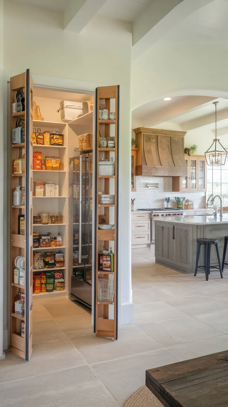 A farmhouse-style kitchen boasts a spacious pantry housing a fridge and neatly organized groceries, complementing a large island and tiled floor