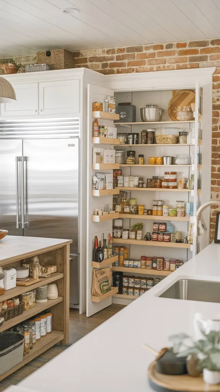 A bright modern farmhouse kitchen boasts an open pantry with a large fridge, organized shelving, and rustic charm.