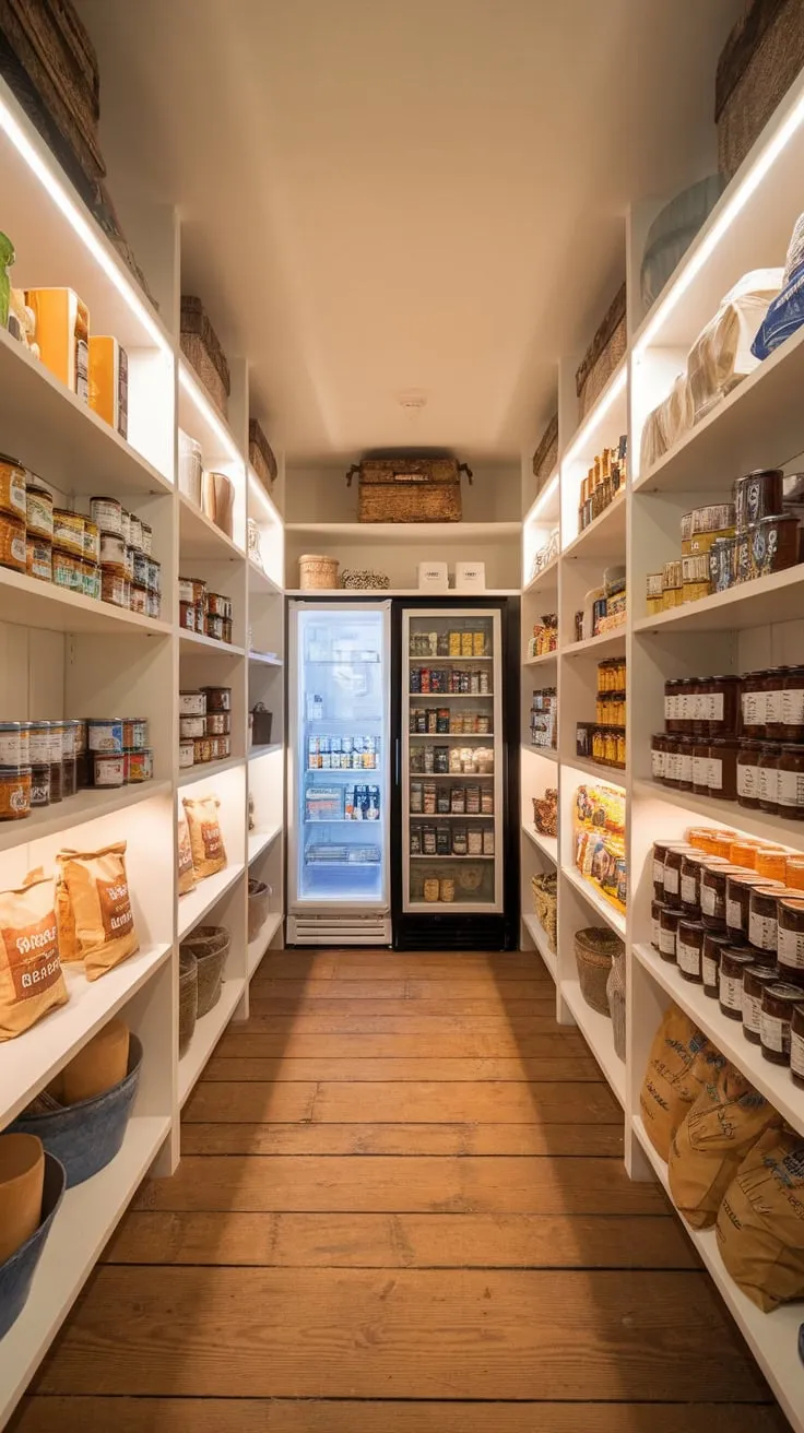 A bright, farmhouse-style pantry boasts ample shelving stocked with provisions and a convenient integrated fridge