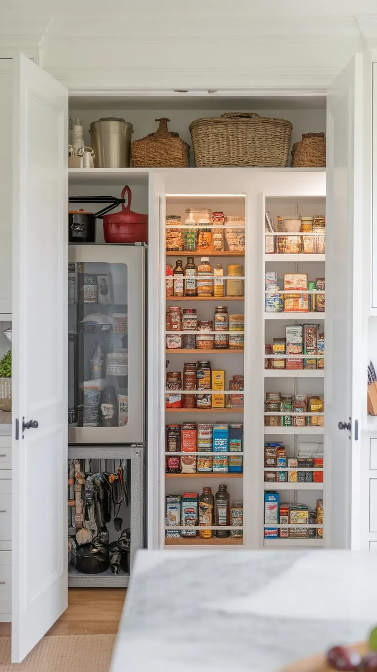 A large, organized pantry with an integrated fridge maximizes kitchen space and efficiency in this bright farmhouse-style design.