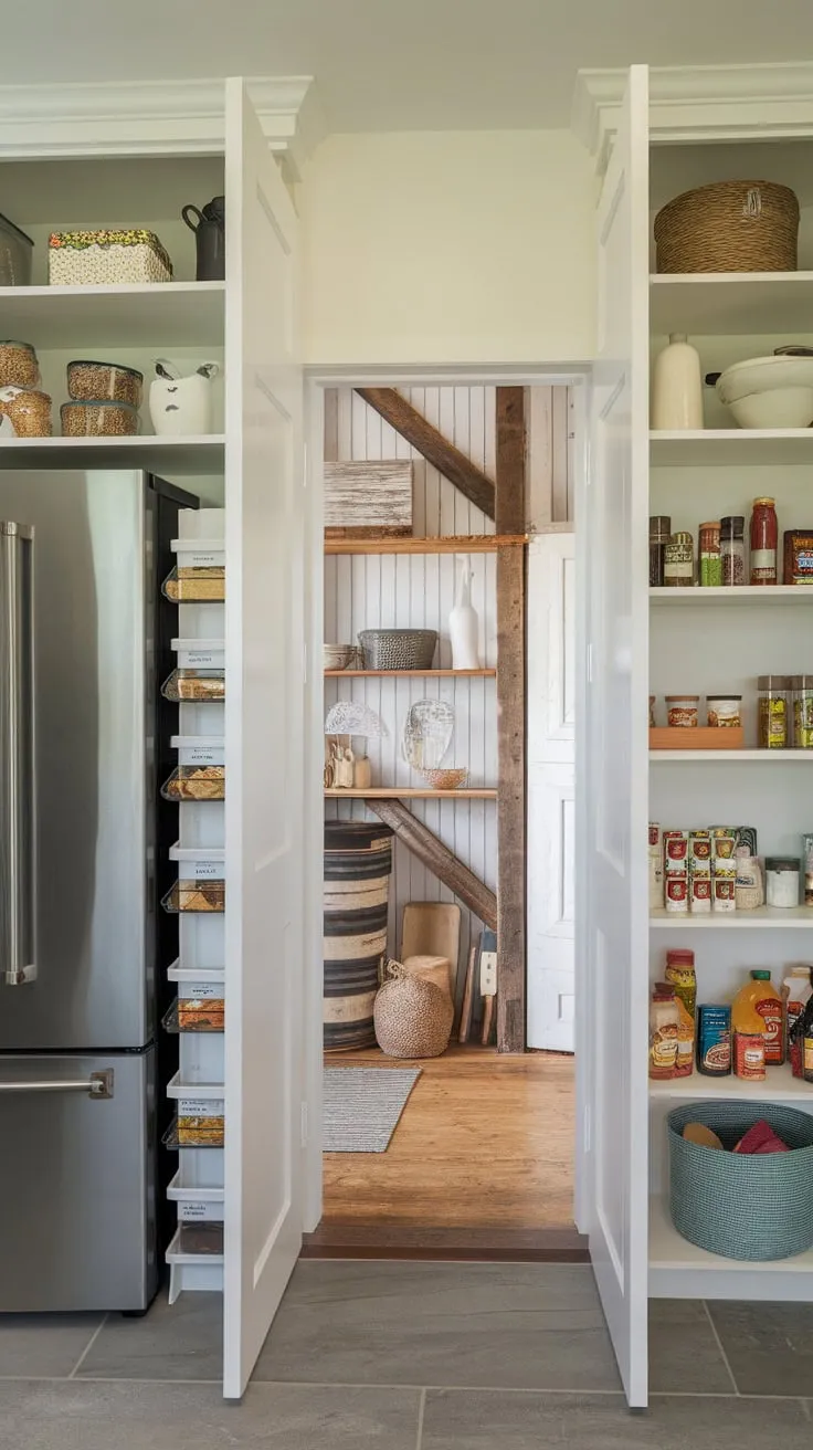 Organized food storage meets modern convenience in a stylish pantry complete with a refrigerator and farmhouse charm.