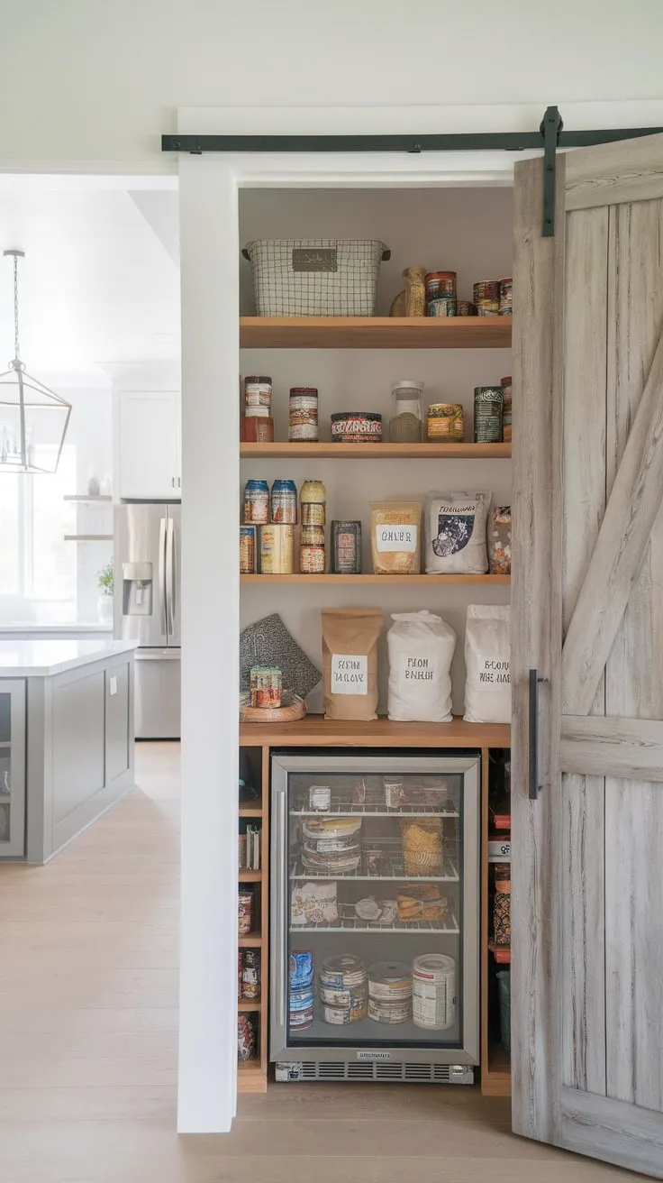 A bright, modern farmhouse-style pantry boasts organized shelves, a built-in fridge, and ample storage for all your culinary needs