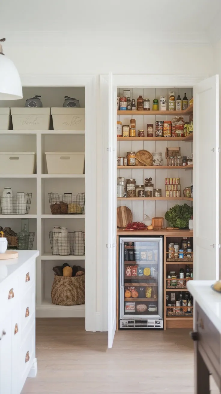 A bright farmhouse kitchen boasts a spacious pantry featuring a fridge, ample shelving, and organized food storage.