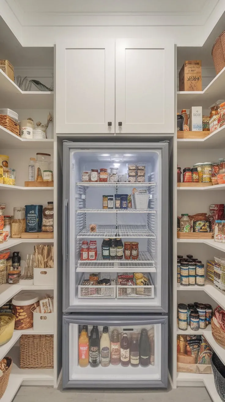 A spacious modern pantry boasts farmhouse charm, complete with a built-in fridge and ample organized storage