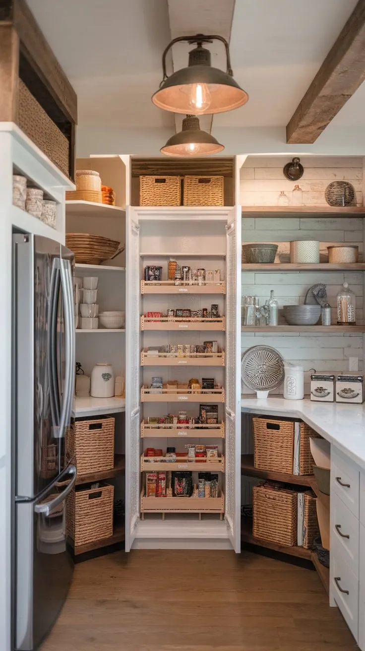 A farmhouse-chic pantry boasts ample storage, a built-in fridge, and warm inviting lighting
