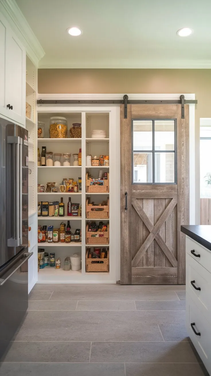 A bright modern pantry boasts a built-in fridge, organized shelving, and a charming farmhouse storage room extension.