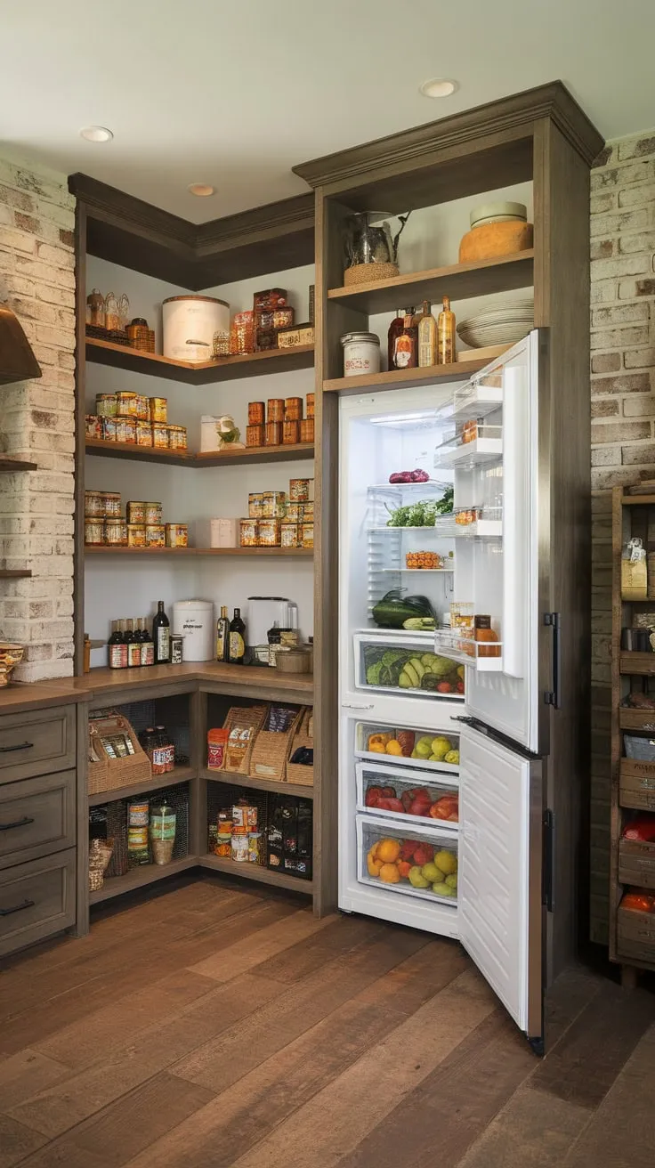 Rustic charm meets modern convenience in a spacious pantry featuring a well-stocked shelving system and a refrigerator showcasing fresh ingredients.