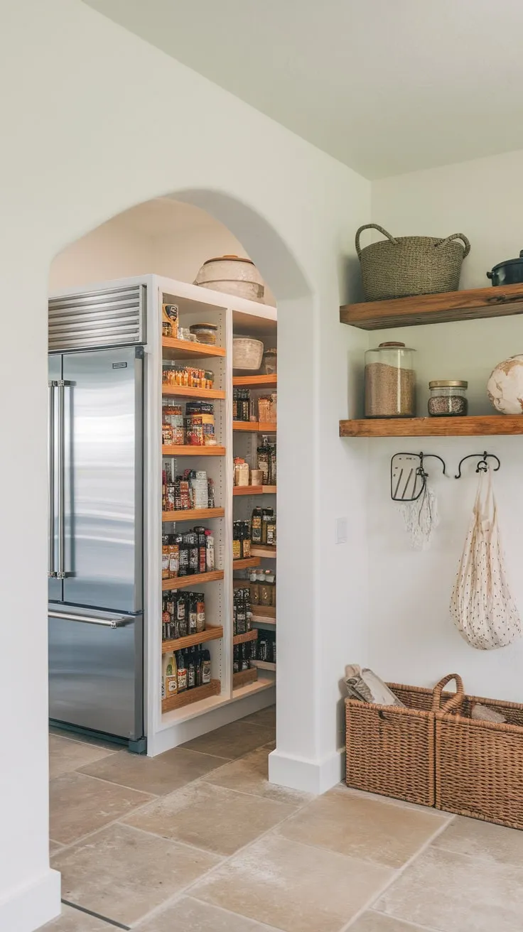 A white-walled pantry boasts a fridge, organized cabinets, and charming farmhouse details in an open-concept kitchen.