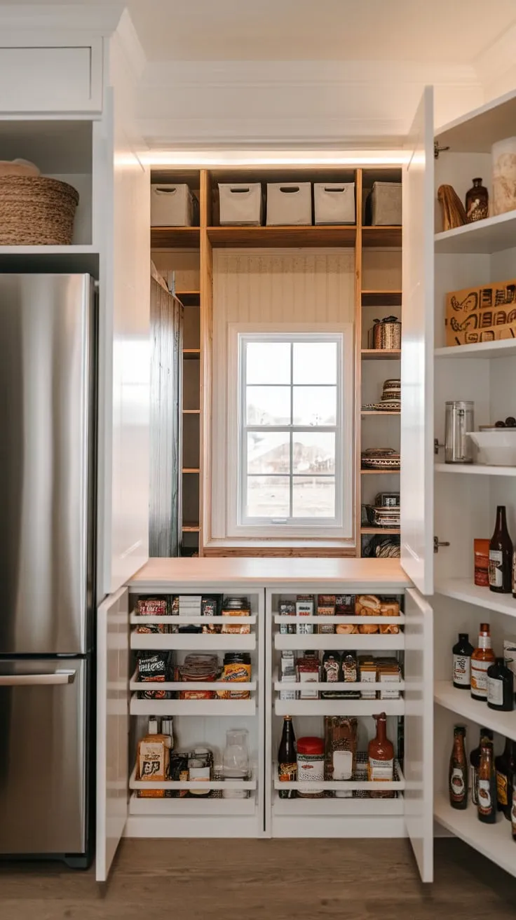 Organized food storage meets modern convenience in a charming pantry boasting a built-in fridge and rustic farmhouse details.