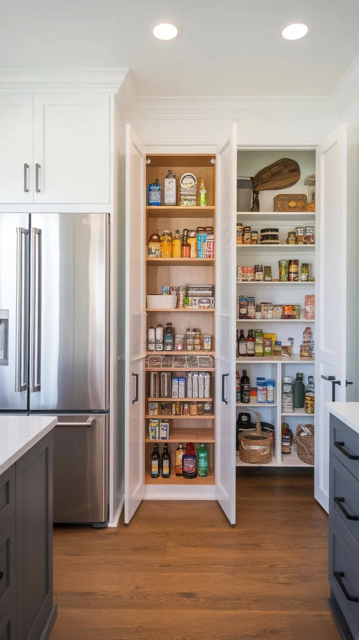 Modern farmhouse style meets functionality in a bright pantry featuring a fridge and extensive shelving for effortless food organization.