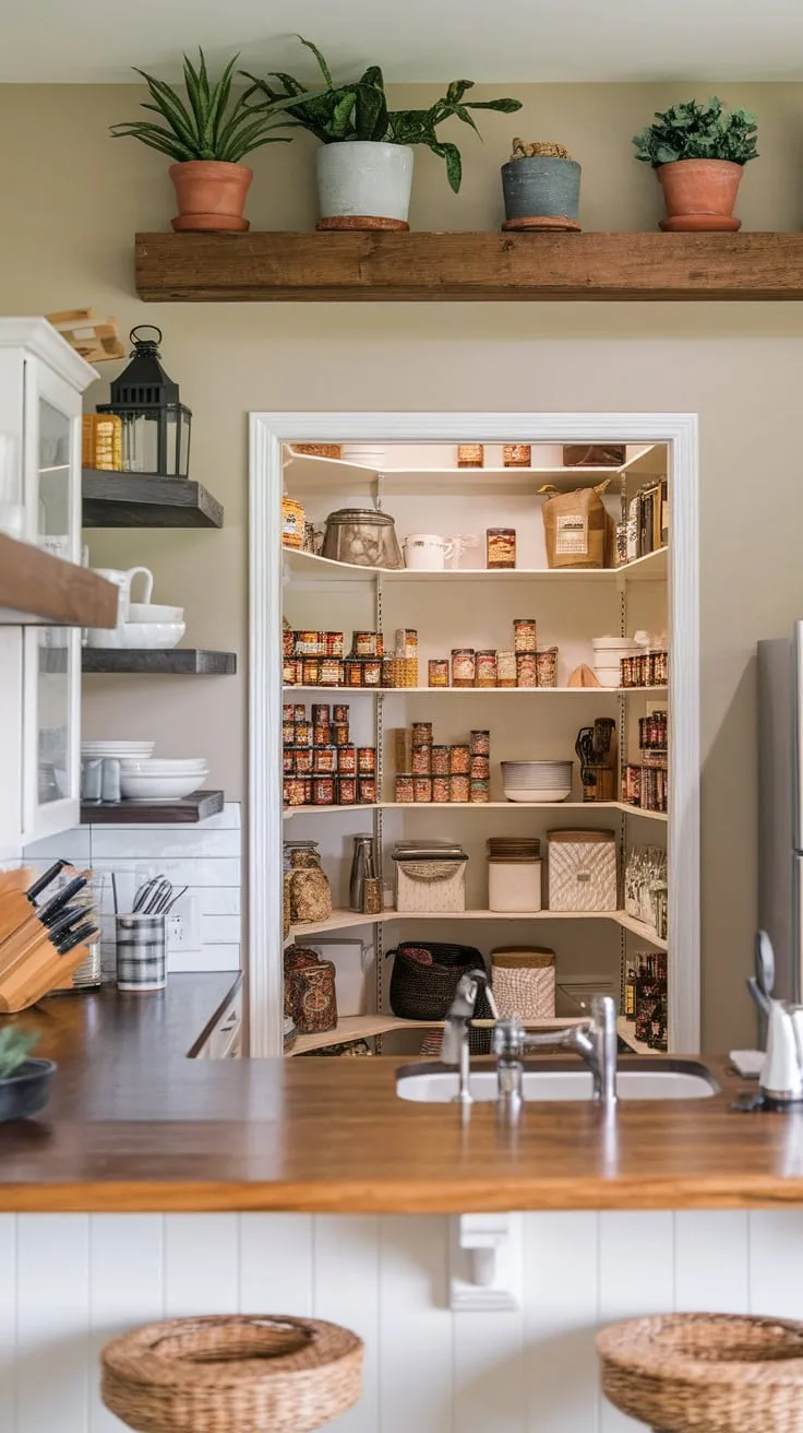 A modern farmhouse kitchen boasts a spacious pantry brimming with organized goods alongside an open layout featuring a wooden countertop, sink, and refrigerator.