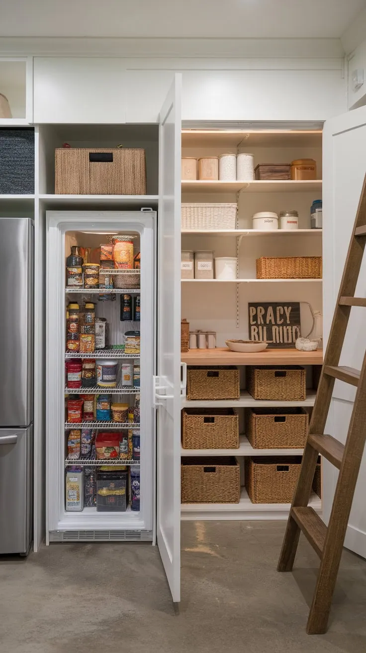 A spacious pantry features a fridge, organized food storage, and farmhouse-style elements including a wooden ladder and concrete flooring, all bathed in bright light.
