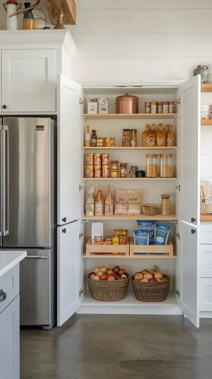 A large pantry with integrated fridge optimizes kitchen organization in a stylish farmhouse setting.