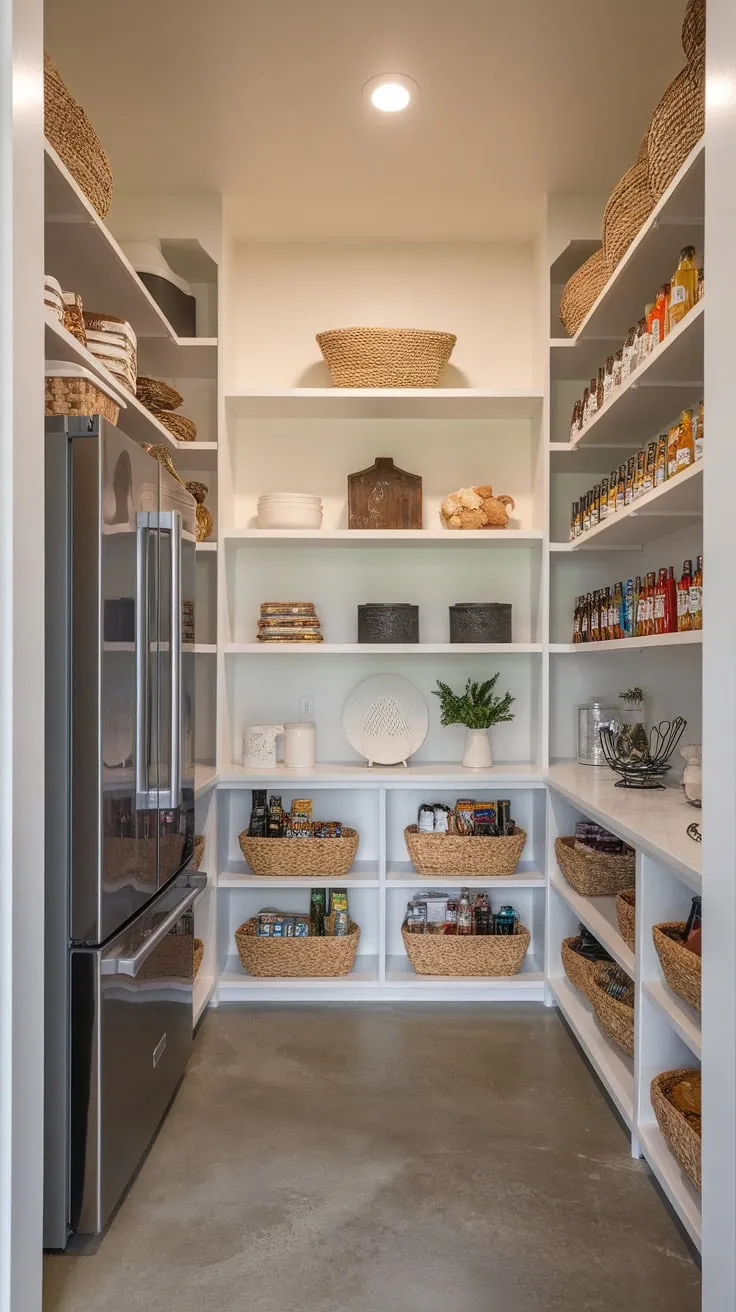A modern farmhouse pantry's concrete floor and bright lighting highlight its efficient organization, including a convenient integrated fridge and decorative touches.