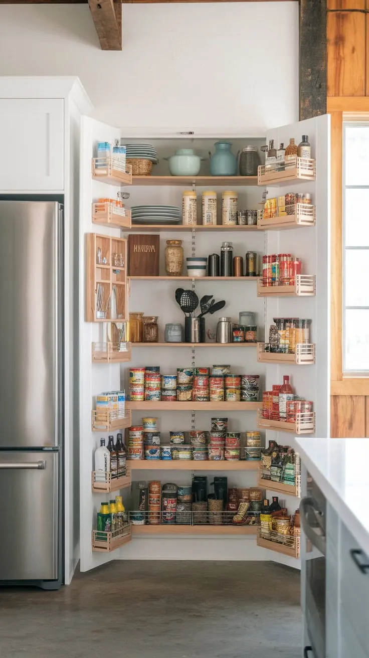 Modern convenience meets farmhouse charm in a kitchen featuring a large pantry brimming with food and a nearby fridge.
