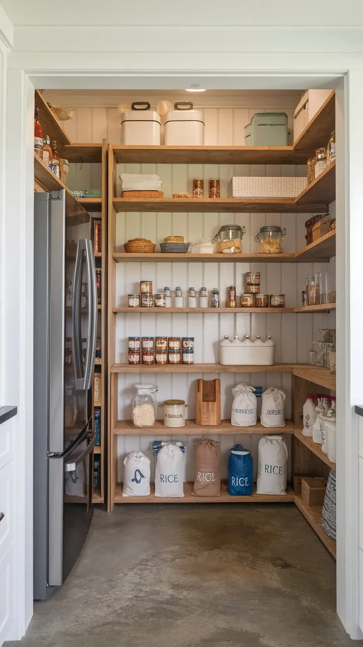 This open-concept kitchen boasts a spacious pantry featuring a built-in fridge and neatly arranged food supplies, showcasing a blend of modern convenience and rustic farmhouse aesthetics.