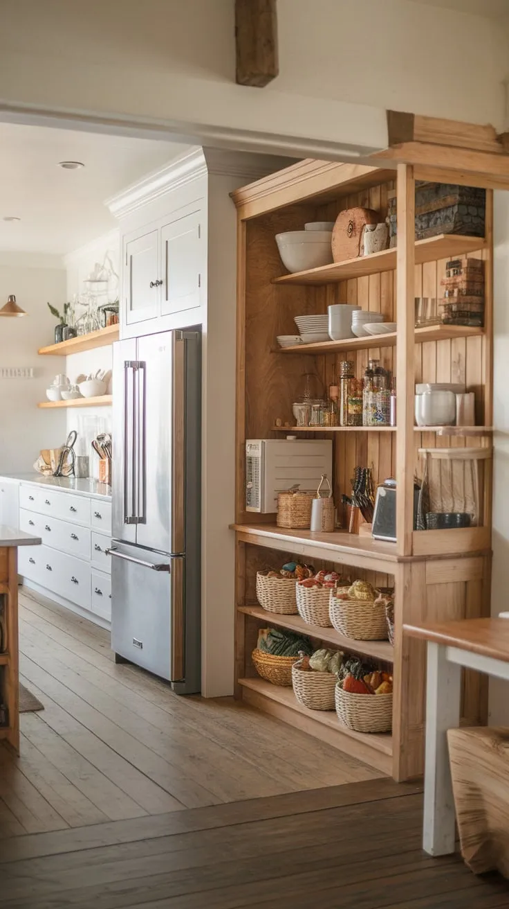 Warm wood floors and cabinetry complement a charming farmhouse kitchen featuring a convenient pantry and adjacent refrigerator.