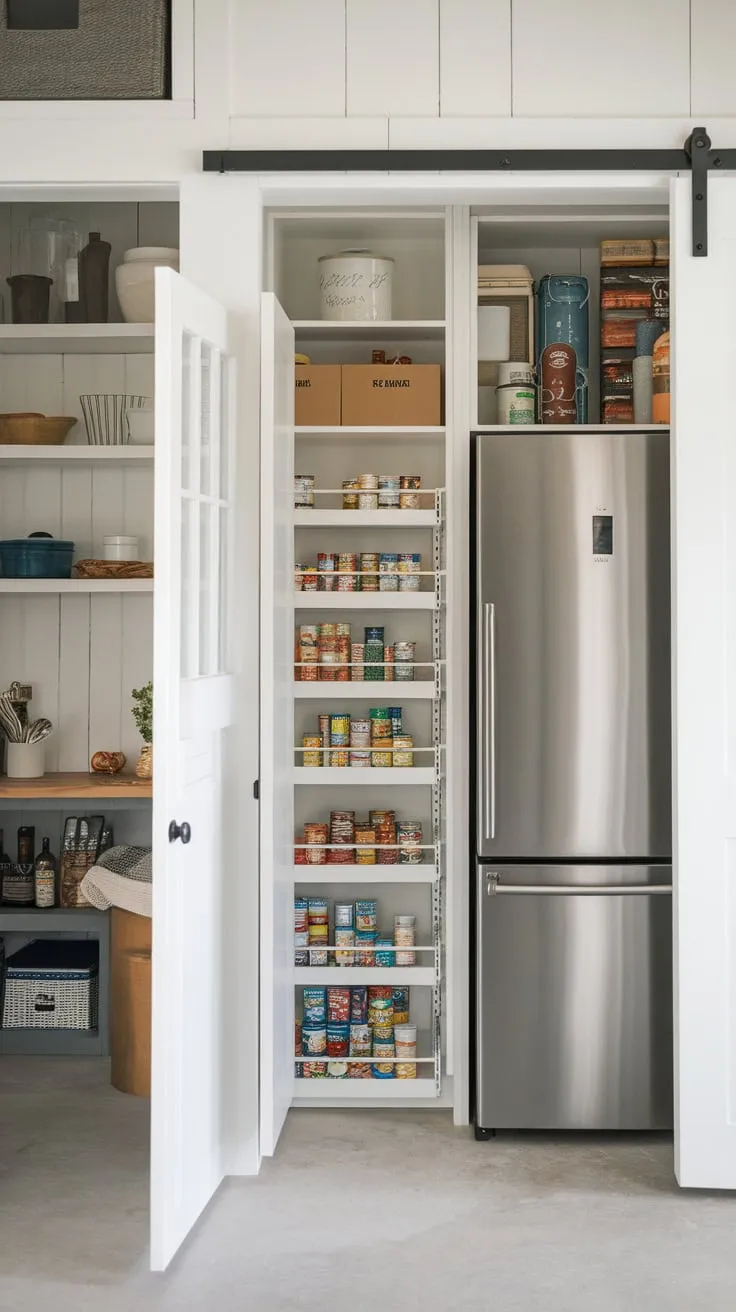 A bright farmhouse pantry boasts ample space, a built-in fridge, and organized shelving for efficient food storage