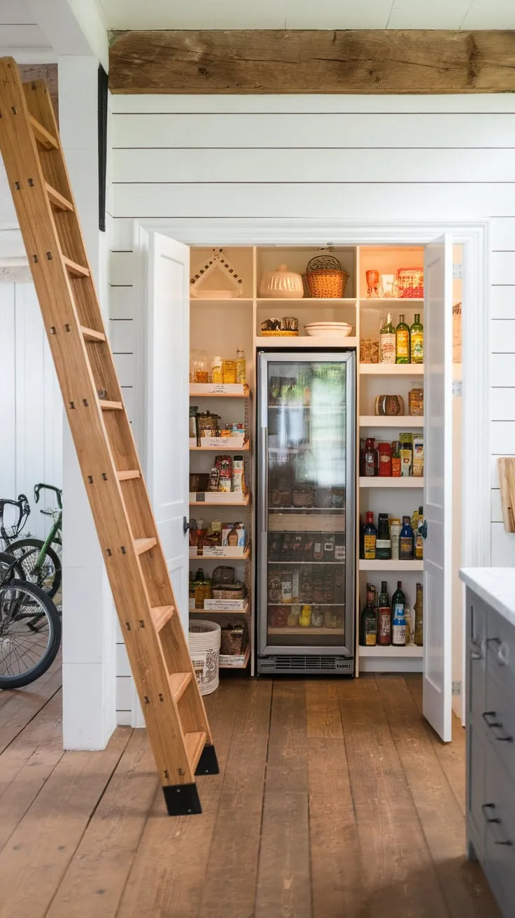 A modern farmhouse kitchen boasts a spacious pantry featuring a fridge, organized shelving, and a rustic wooden ladder, all complemented by a wooden floor and a backdrop of bicycles.