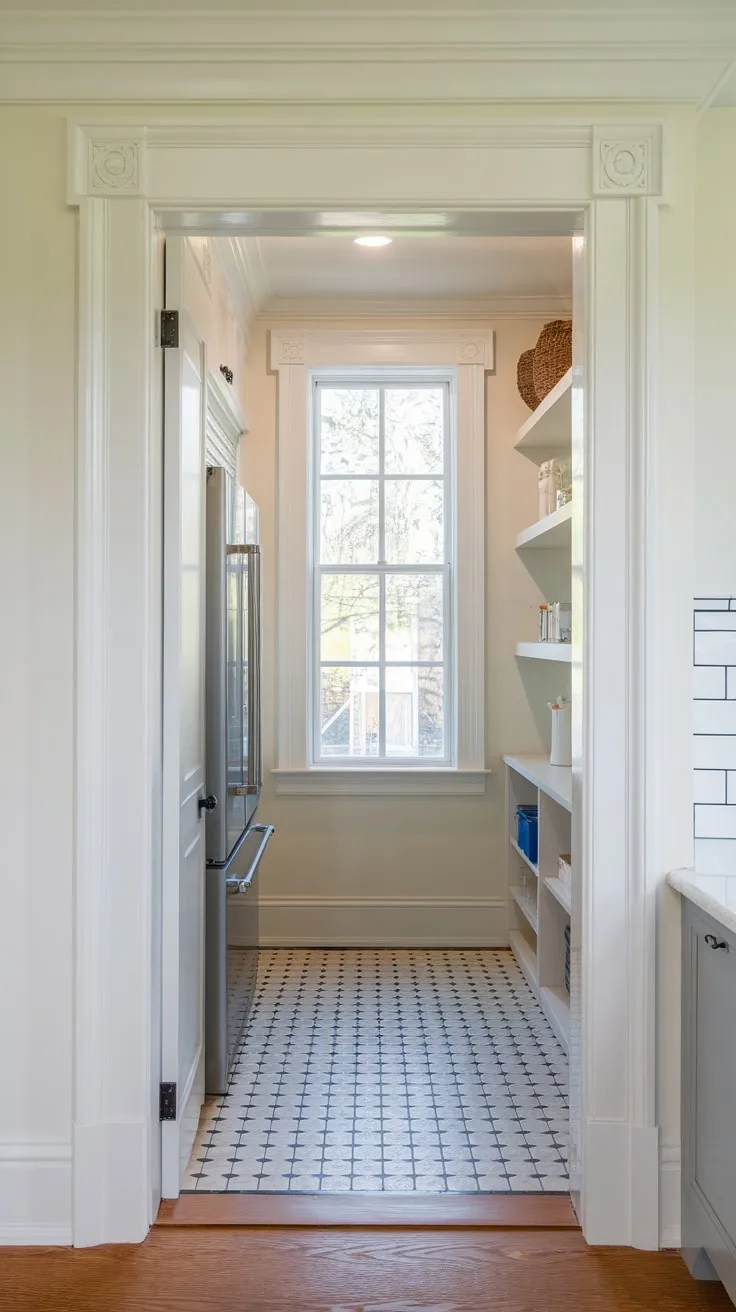 A charming new-build pantry boasts a window, checkered floor, and convenient pocket door access from the kitchen.