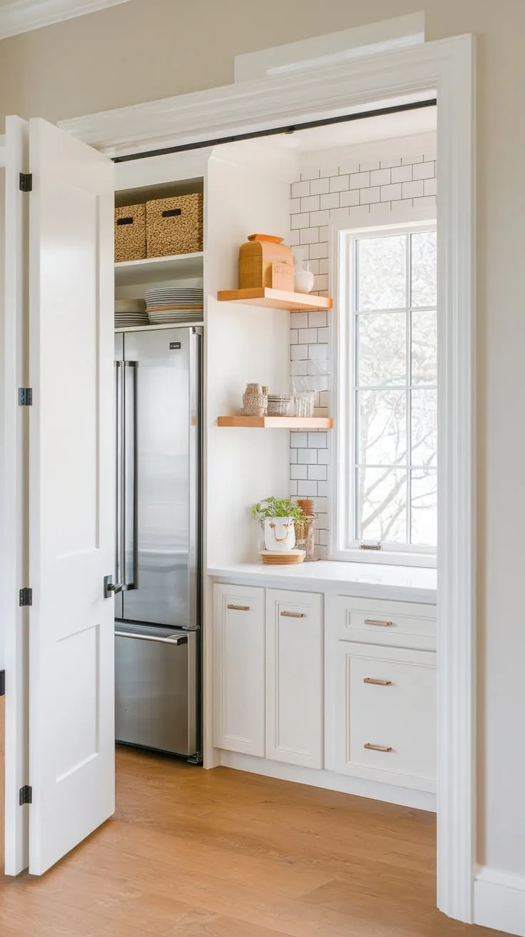 A bright, spacious new-build pantry boasts a window, pocket door, butler's pantry features, ample storage, and natural light.